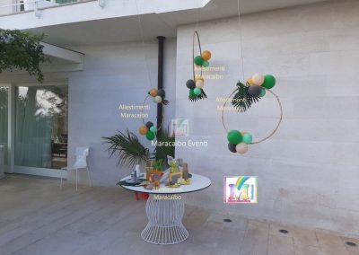 Allestimento tema giungla safari animali peluche palloncini compleanno Guzzini cerchi centrotavola